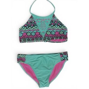Girls Two Piece Bikini Swimsuit Turquoise Pink Tribal Print Halter Swim Set